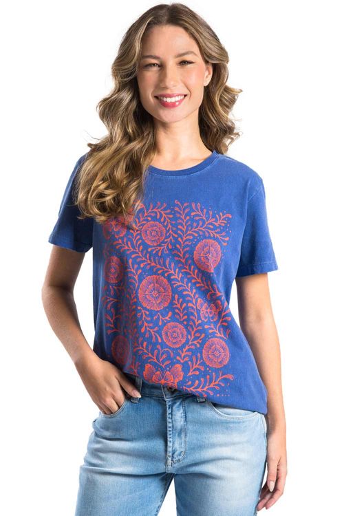 Blusa Estampada Flores Azul Jeans