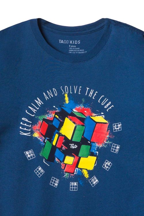 T-Shirt Infantil Estampada Cubos Azul Marinho