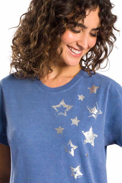 Blusa Estampada Estrelas Azul Jeans