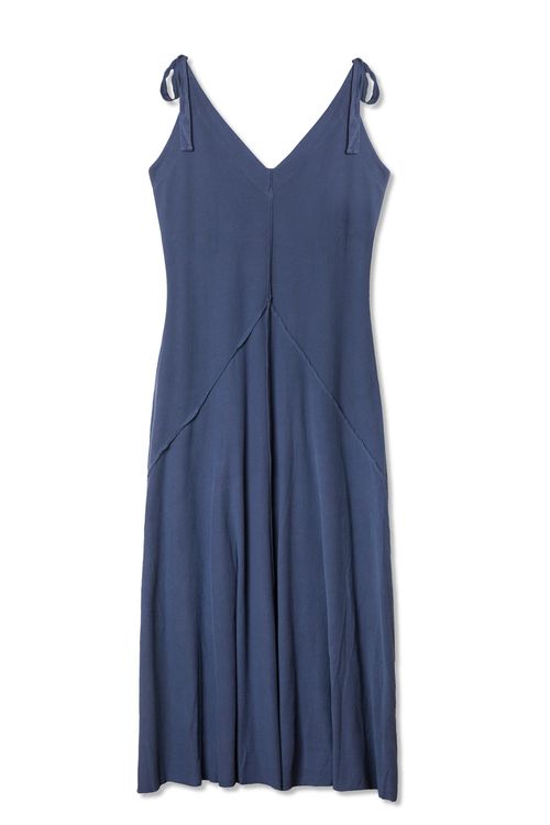 Vestido Malha Crepe Longo Recortes Azul Jeans