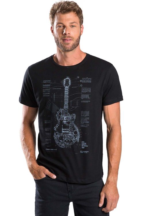 T-Shirt Estampada Guitarra Preta