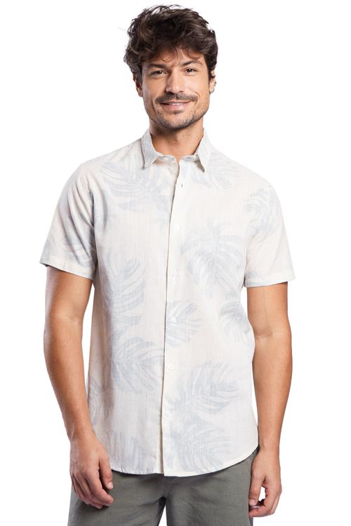 Camisa Linho Manga Curta Estampada Off White