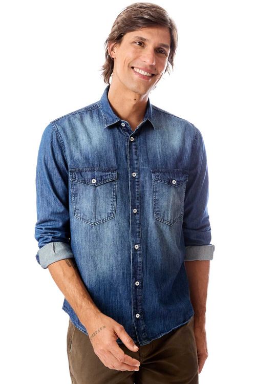Camisa Jeans Com Bolso Azul Jeans